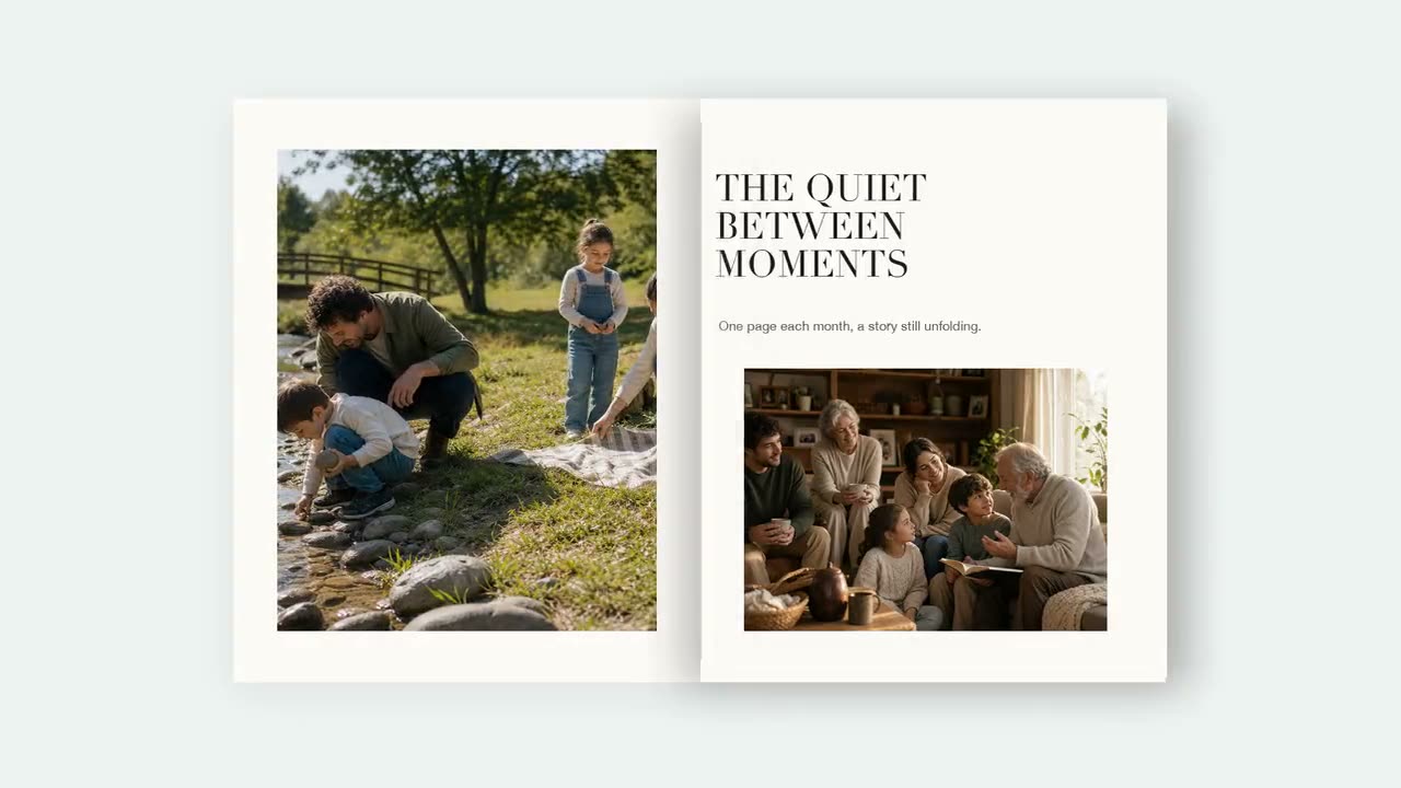 Una página doble titulada “The Quiet Between Moments” con un niño en el jardín y los abuelos a la mesa
