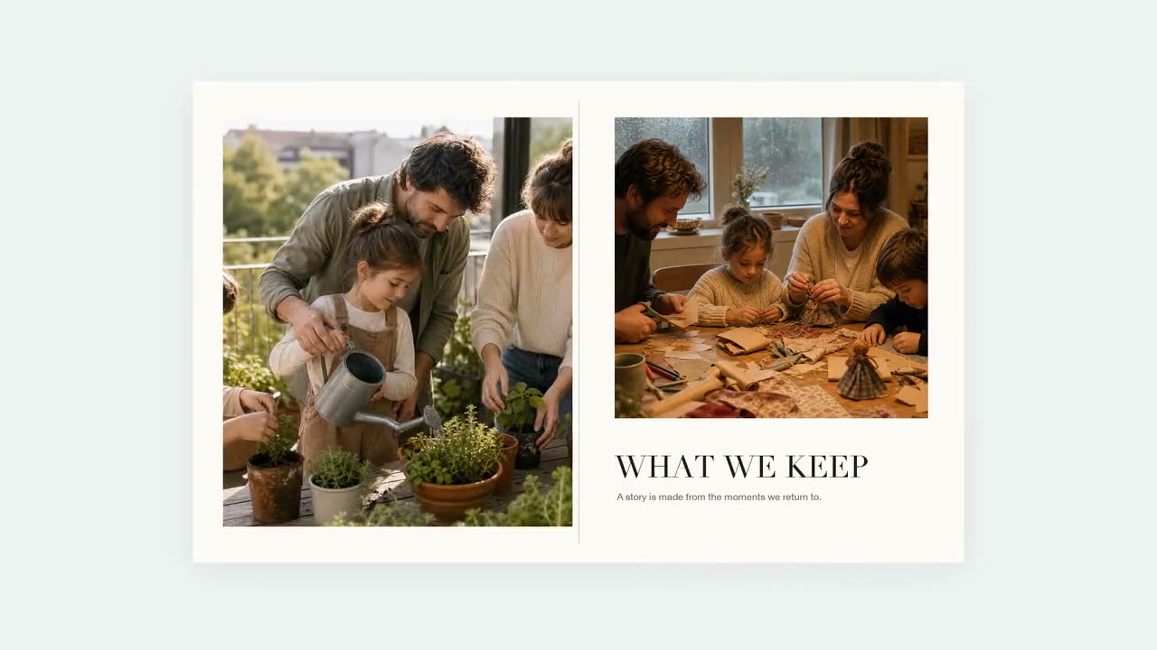 Una página doble de cierre titulada “What We Keep” con un padre y su hija regando plantas y una familia horneando juntos