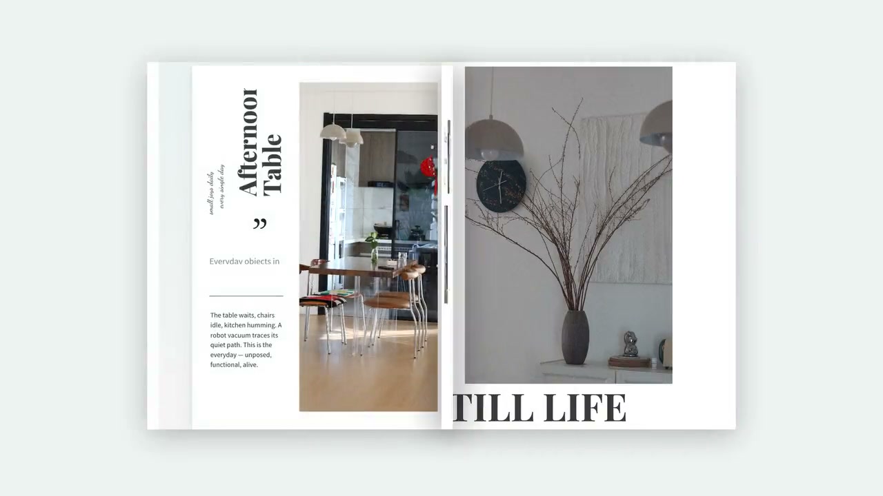 A spread pairing “Afternoon Table” with a “Still Life” vase photo