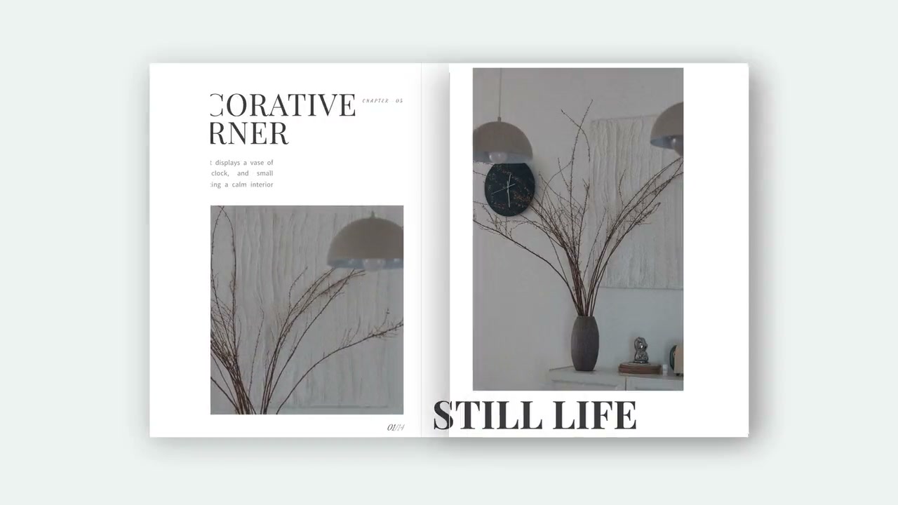 A “Decorative Corner / Still Life” spread with branches in a vase