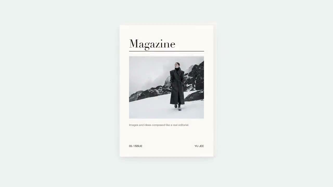 Couverture de magazine avec une silhouette en long manteau sur une pente enneigée