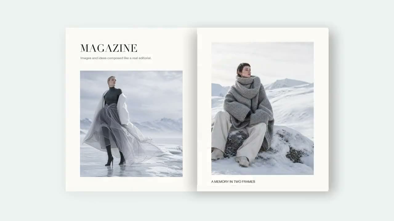Double page éditoriale d’ouverture avec deux portraits de mode d’hiver dans la neige