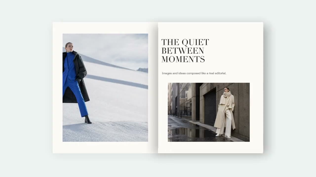 Une double page intitulée « The Quiet Between Moments » associant un manteau bleu dans la neige et un portrait dans une rue de la ville