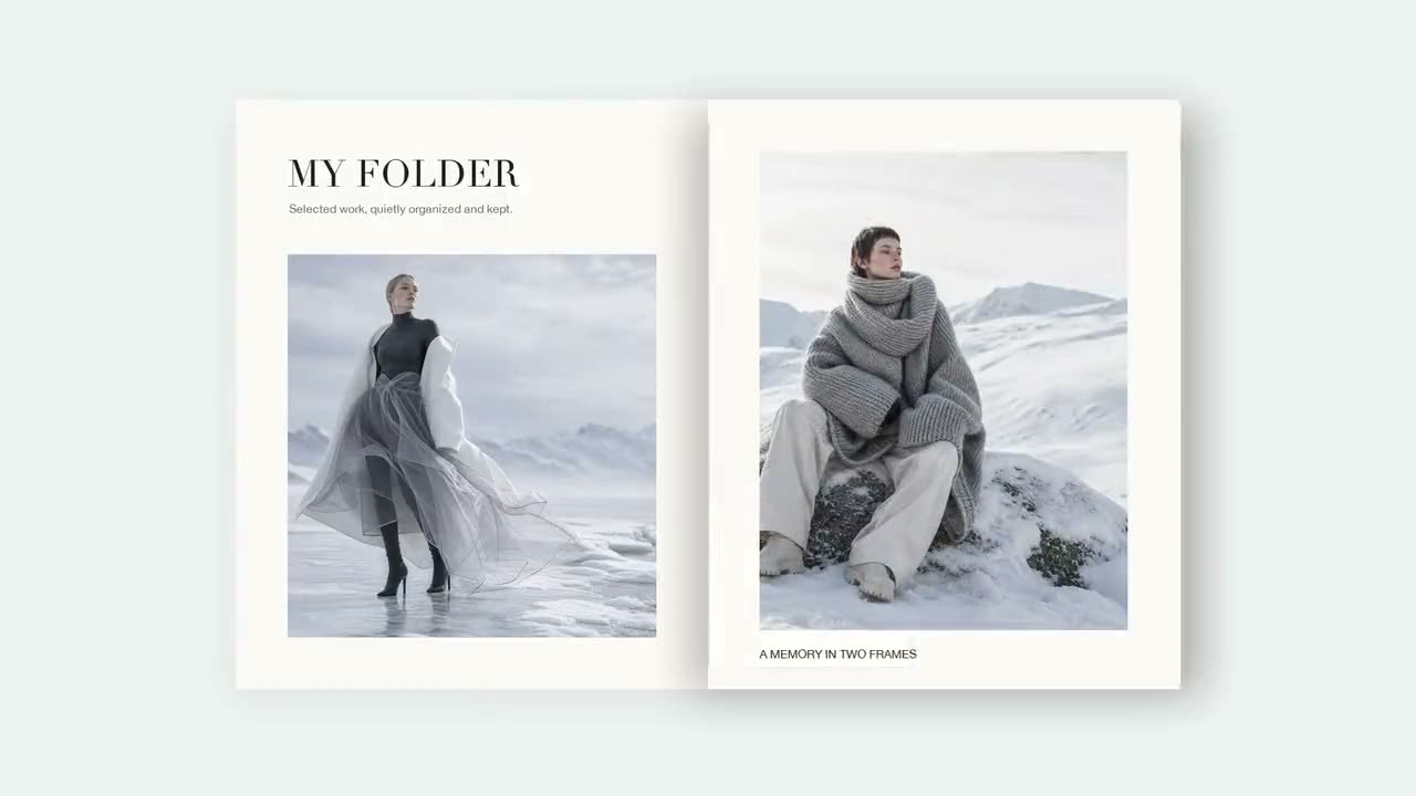 Opening portfolio spread with two winter fashion photographs