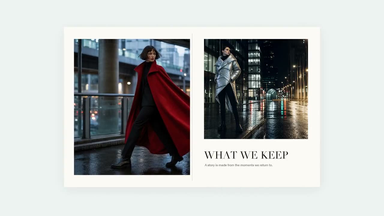 A closing portfolio spread with a red cape and a night city portrait