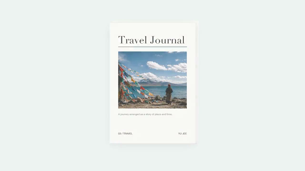 Travel Journal cover page with a lakeside prayer-flag photo