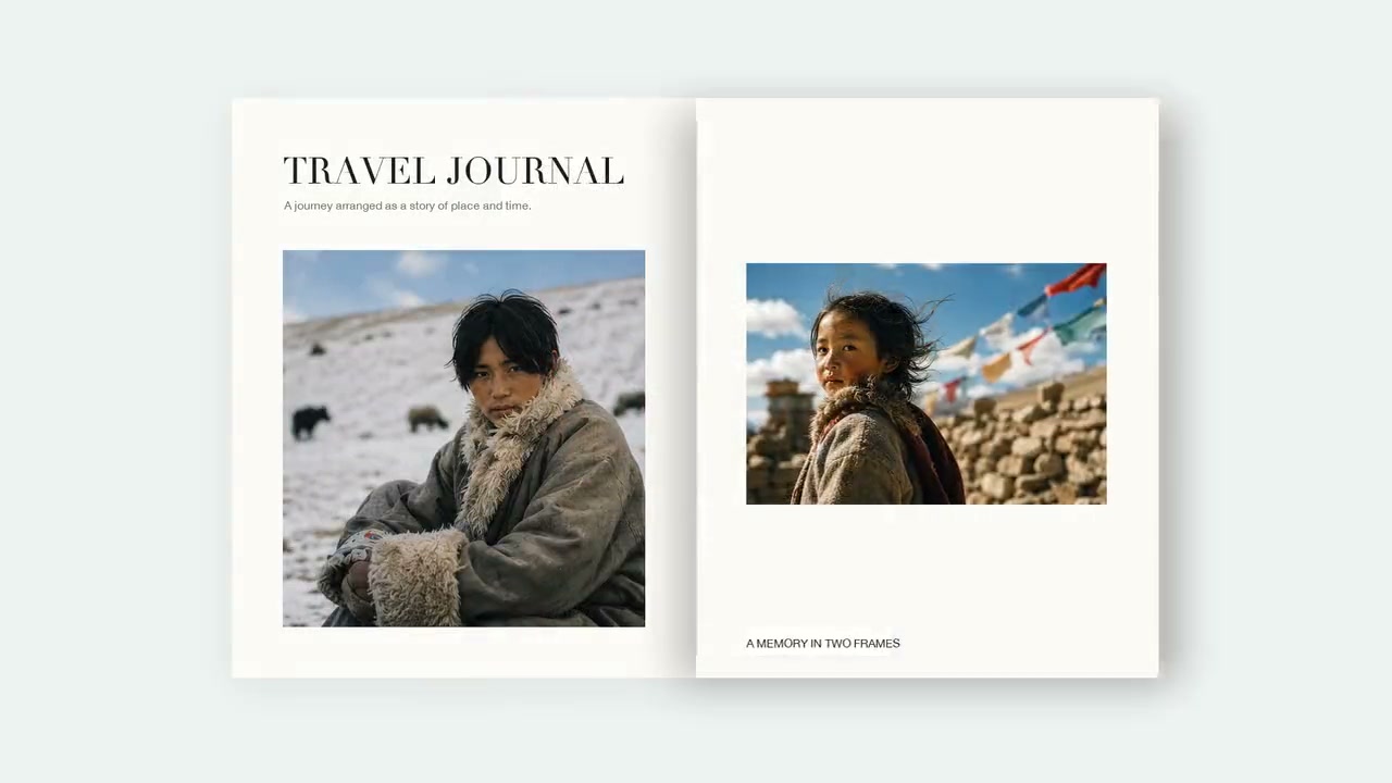 A two-page travel spread pairing a portrait with a mountain landscape