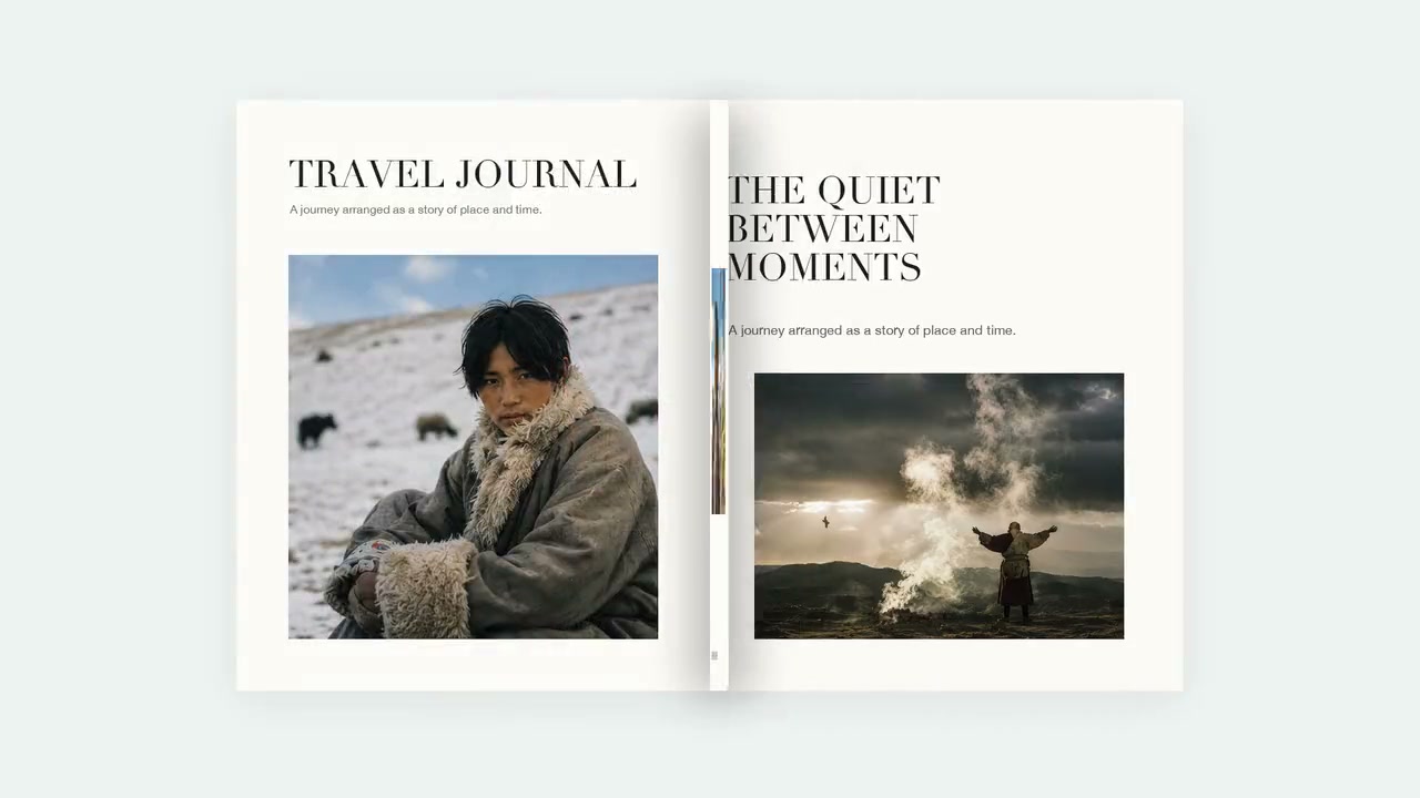 A travel spread titled “The Quiet Between Moments” with a light-ray photo