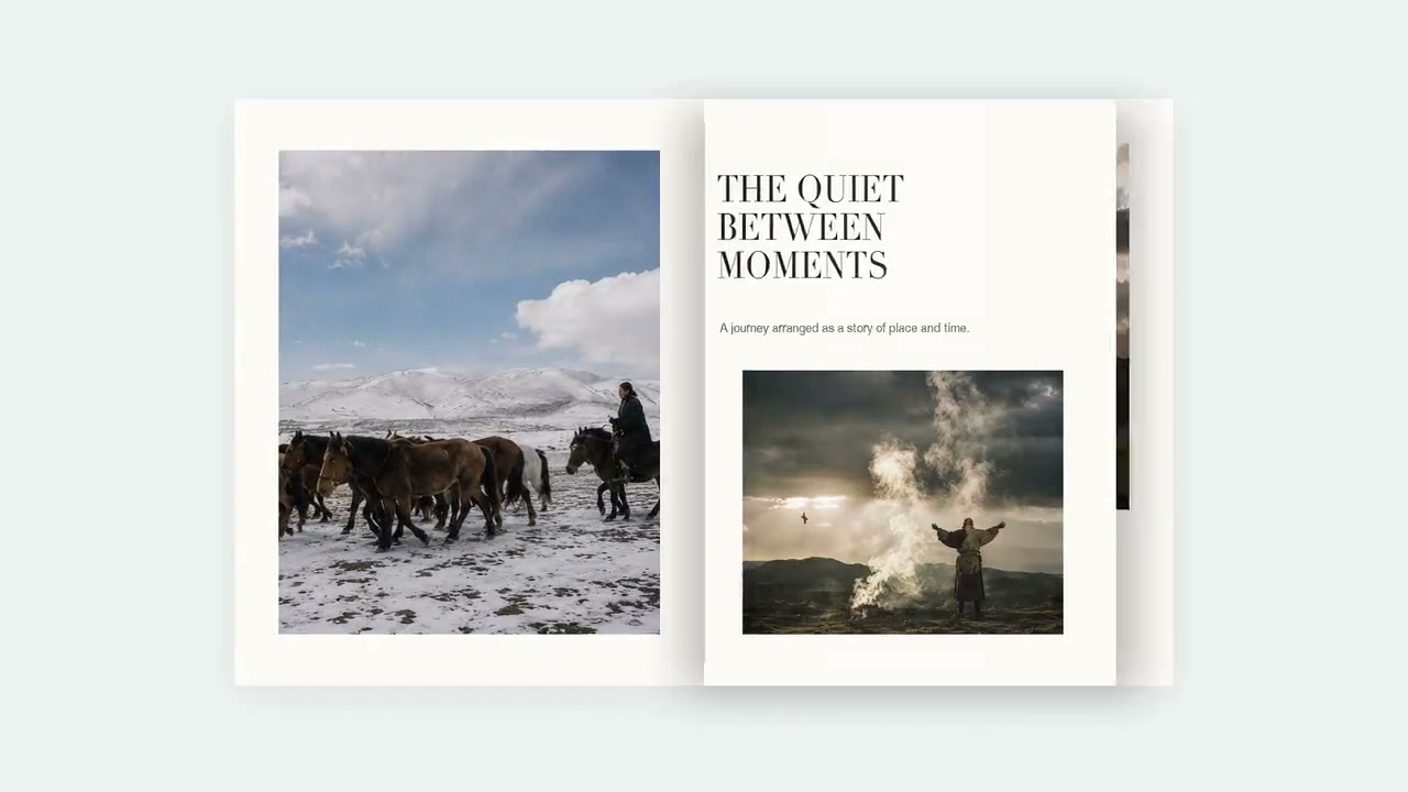 A travel spread of horses on a snowfield beside a portrait