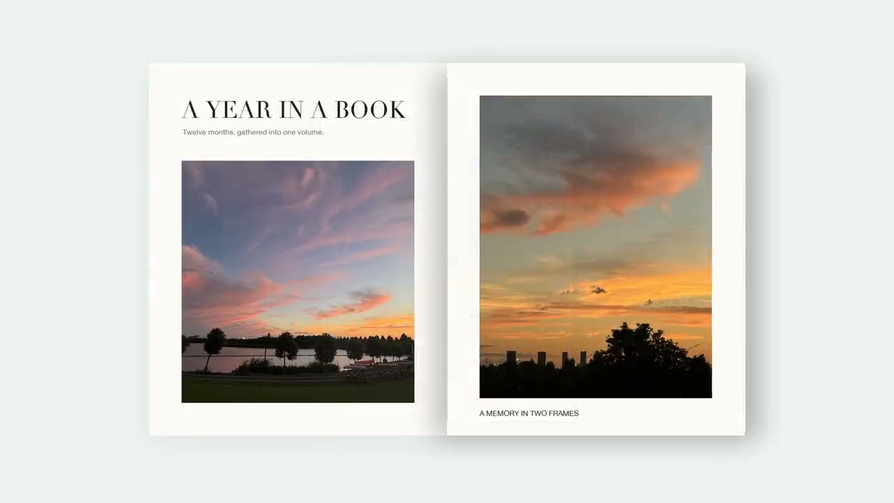 Opening spread of the year in review book with two sunset photos over a lake