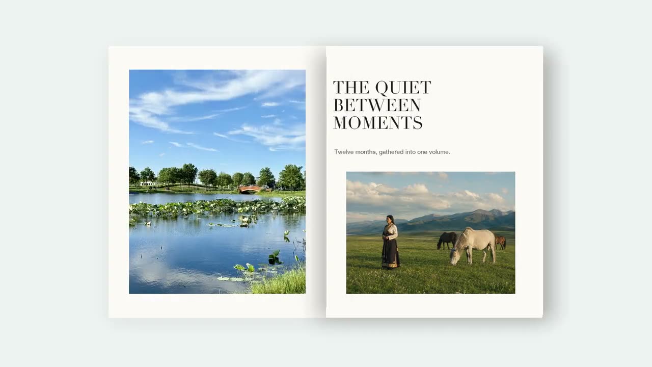A spread titled “The Quiet Between Moments” with a lotus pond and a horse in a meadow