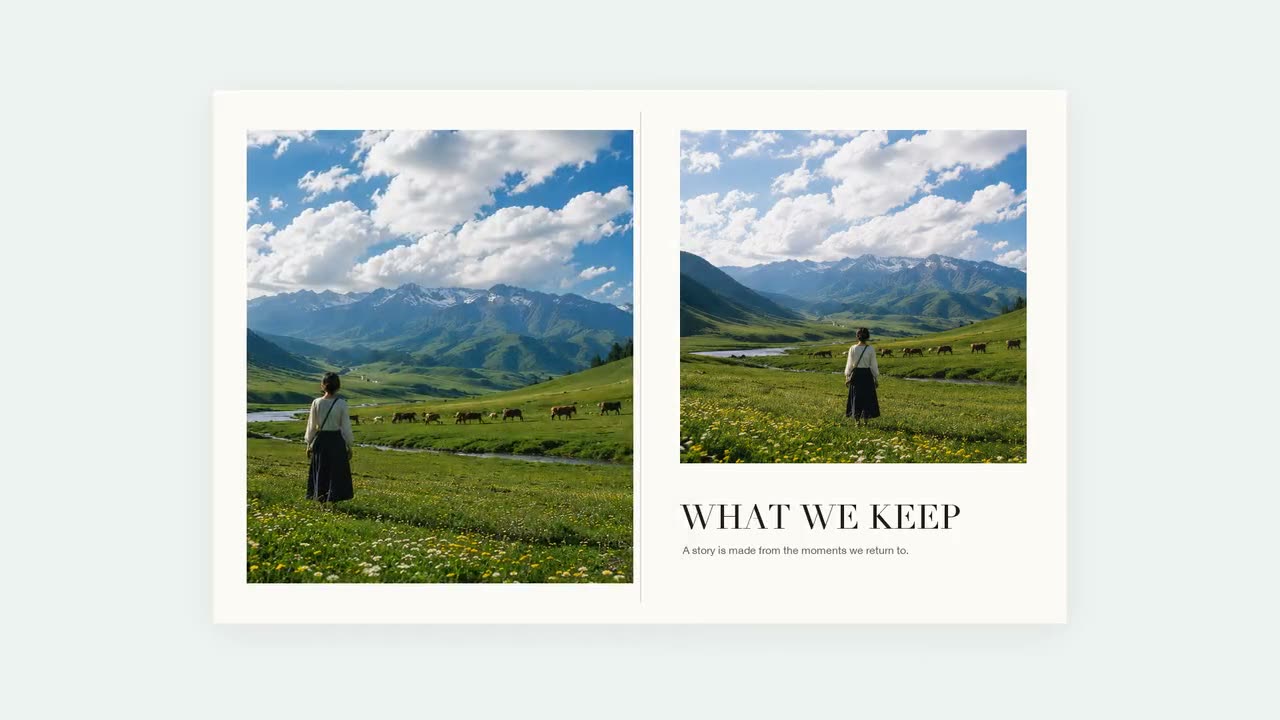 A closing spread titled “What We Keep” with a woman standing in a mountain meadow